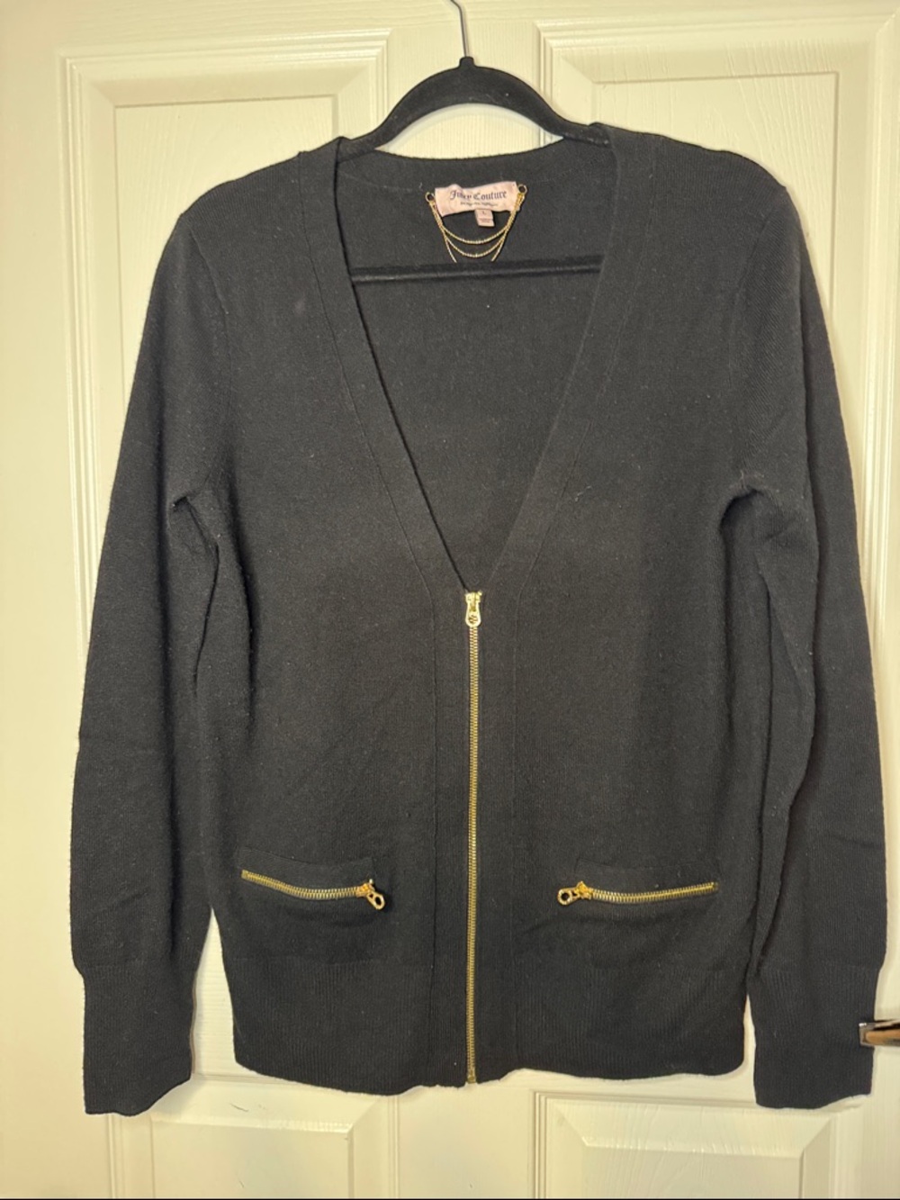 Juicy Couture Black Zip Front Cardigan with Gold Hardware